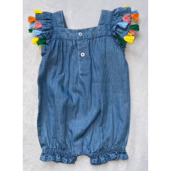 Mud Pie denim chambray romper embroidered tassels 0-3m 3-6m nwt - Picture 2 of 3